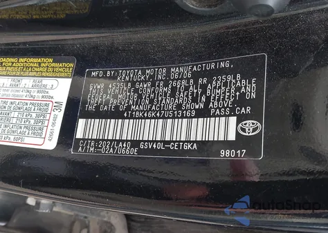 2007 Toyota Camry Xle V6 из США, поврежденный, VIN 4T1BK46K47U513169